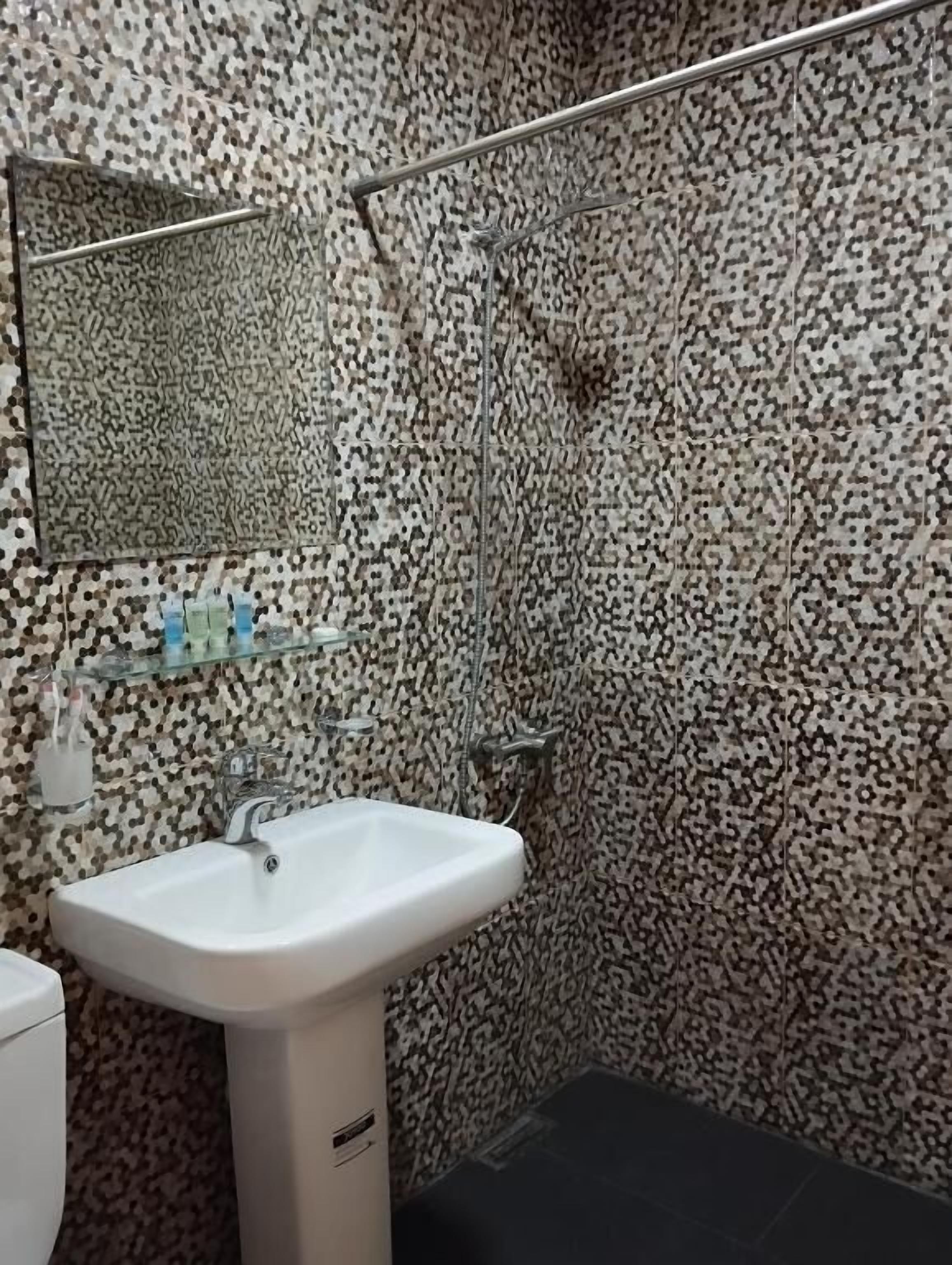 A bathroom with a patterned wall, a white sink, a mirror, and a shower area.