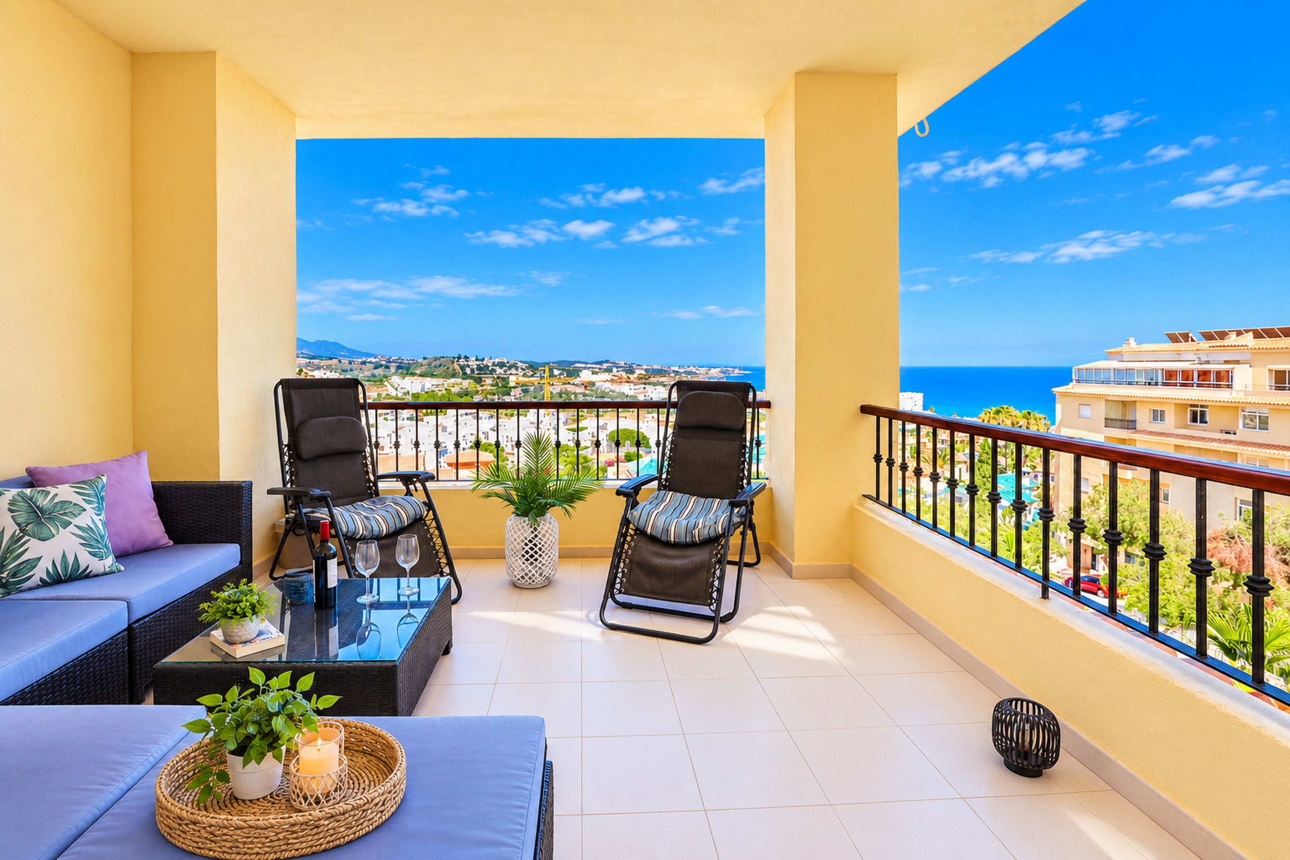 A balcony with two chairs, a sofa, and a table with a bottle and glasses.