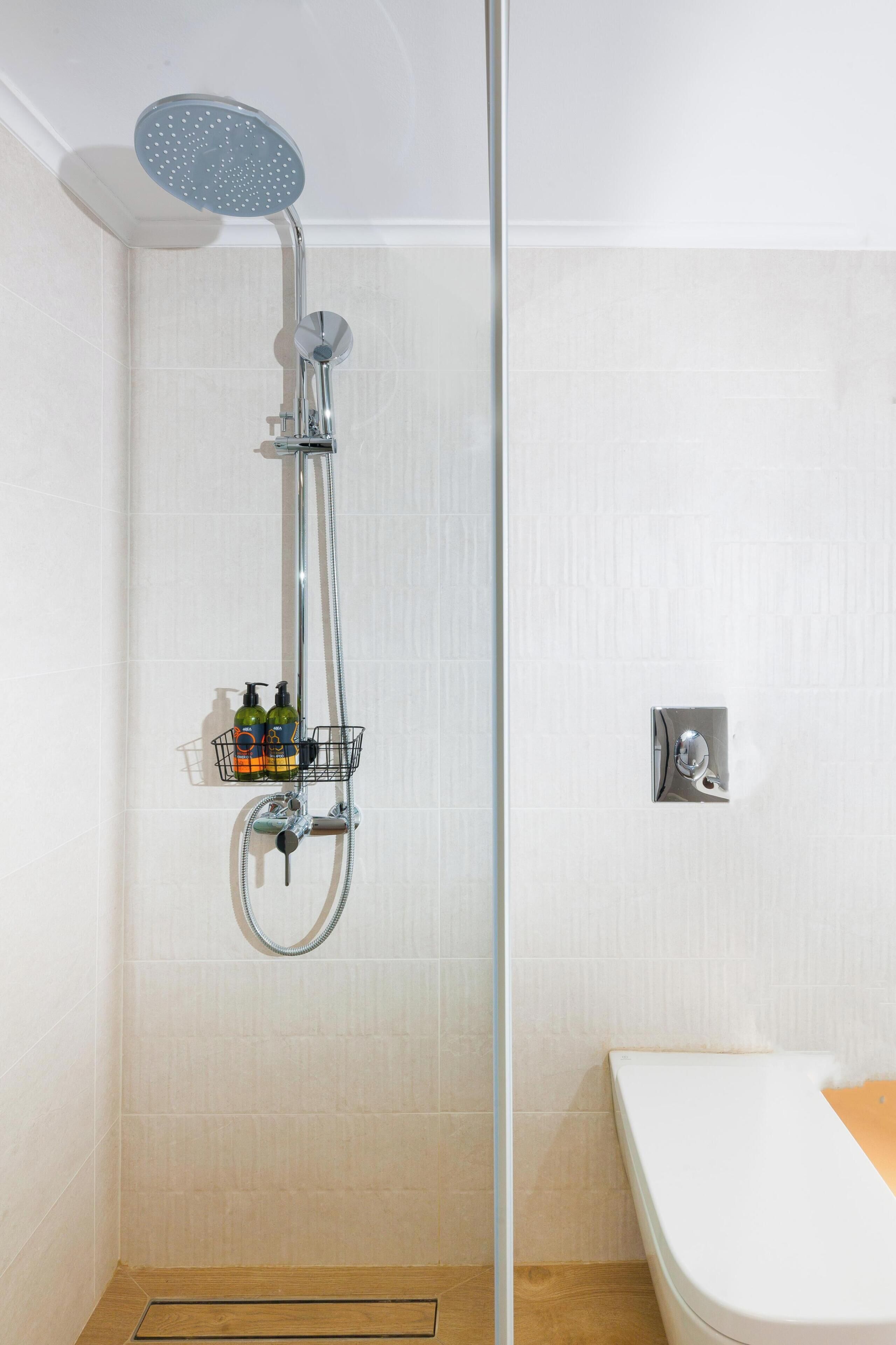 Une douche équipée d’un pommeau de douche à main, d’un robinet mural et d’un receveur de douche en chrome.