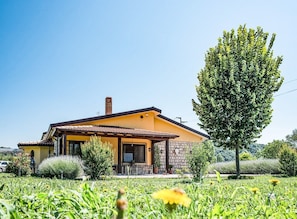 Ein eingeschossiges Haus mit gelber Fassade, steinernen Wänden und einem großen Baum im Vorgarten.