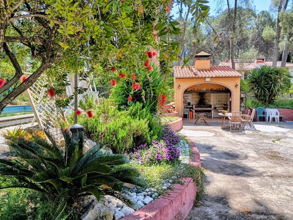 Un jardin avec un espace barbecue, une piscine et une pergola ornée de fleurs rouges.