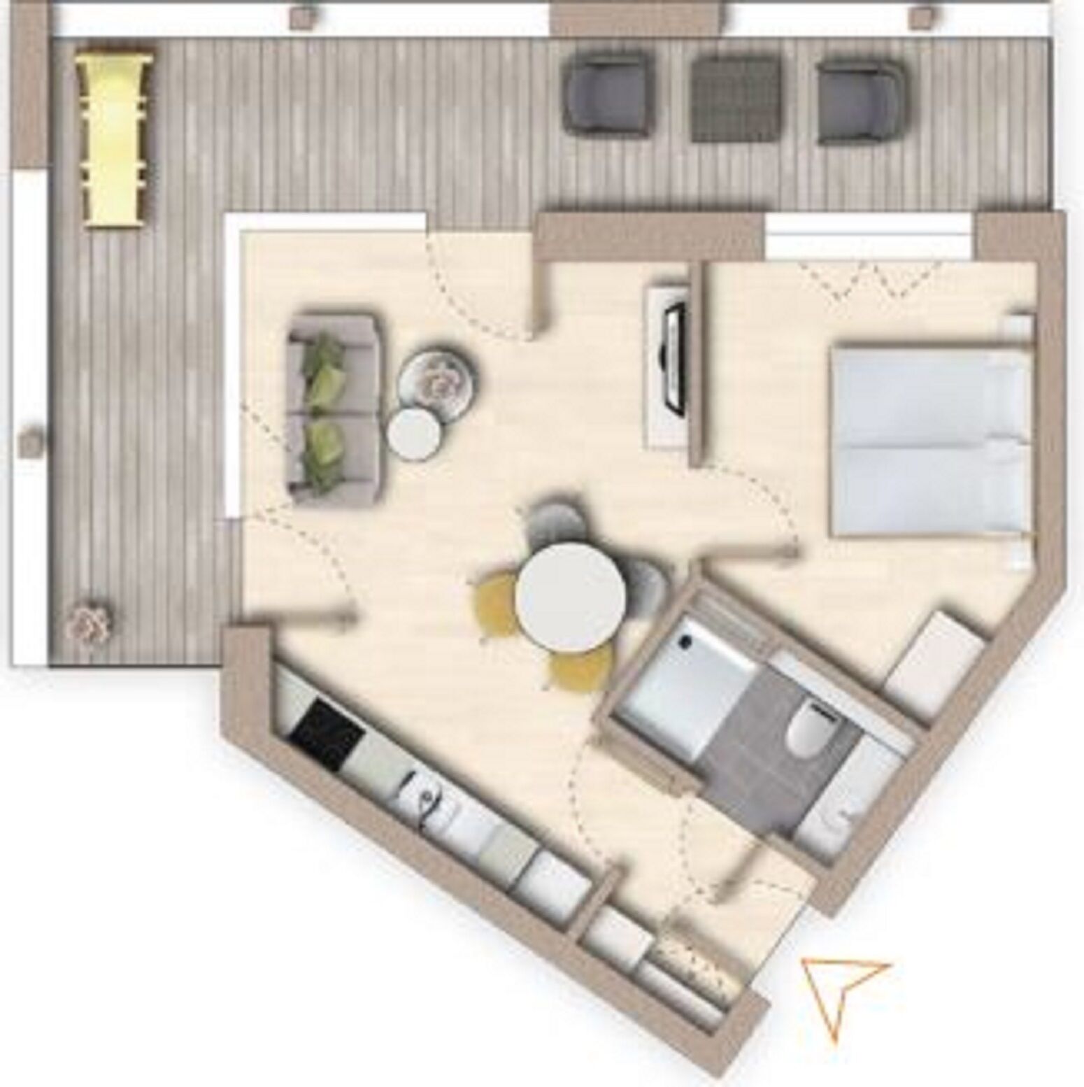 Un plan d’aménagement de chambre d’hôtel comprenant un lit, un coin salon, une kitchenette et une salle de bain.