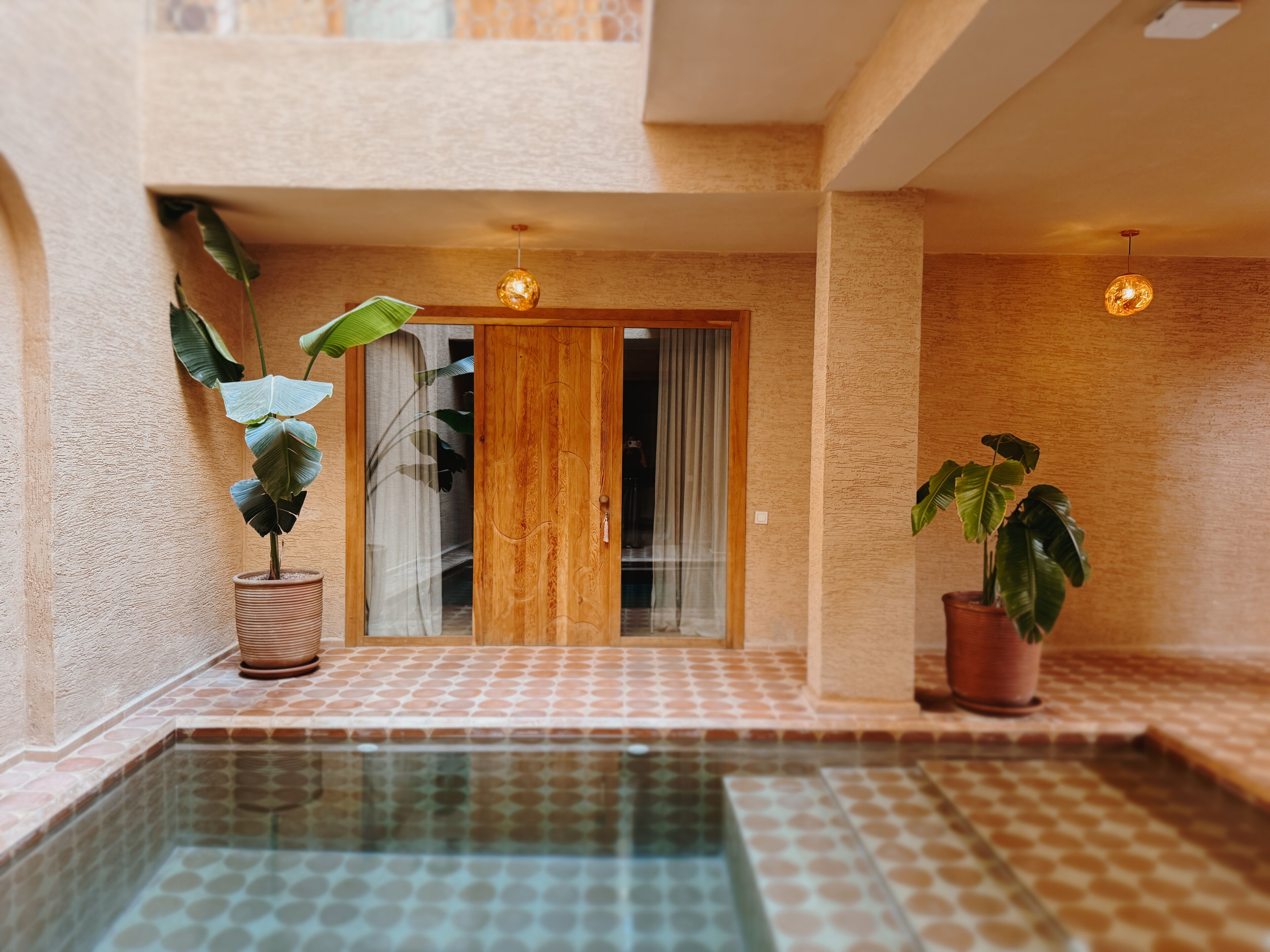 A pool area with a tiled floor, a wooden door, and potted plants.