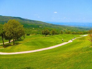 Ein Golfplatz mit freier Bahn, Bäumen und sanften Hügeln in der Ferne.