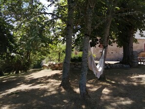 A tree-lined outdoor area with a hammock and stone wall.