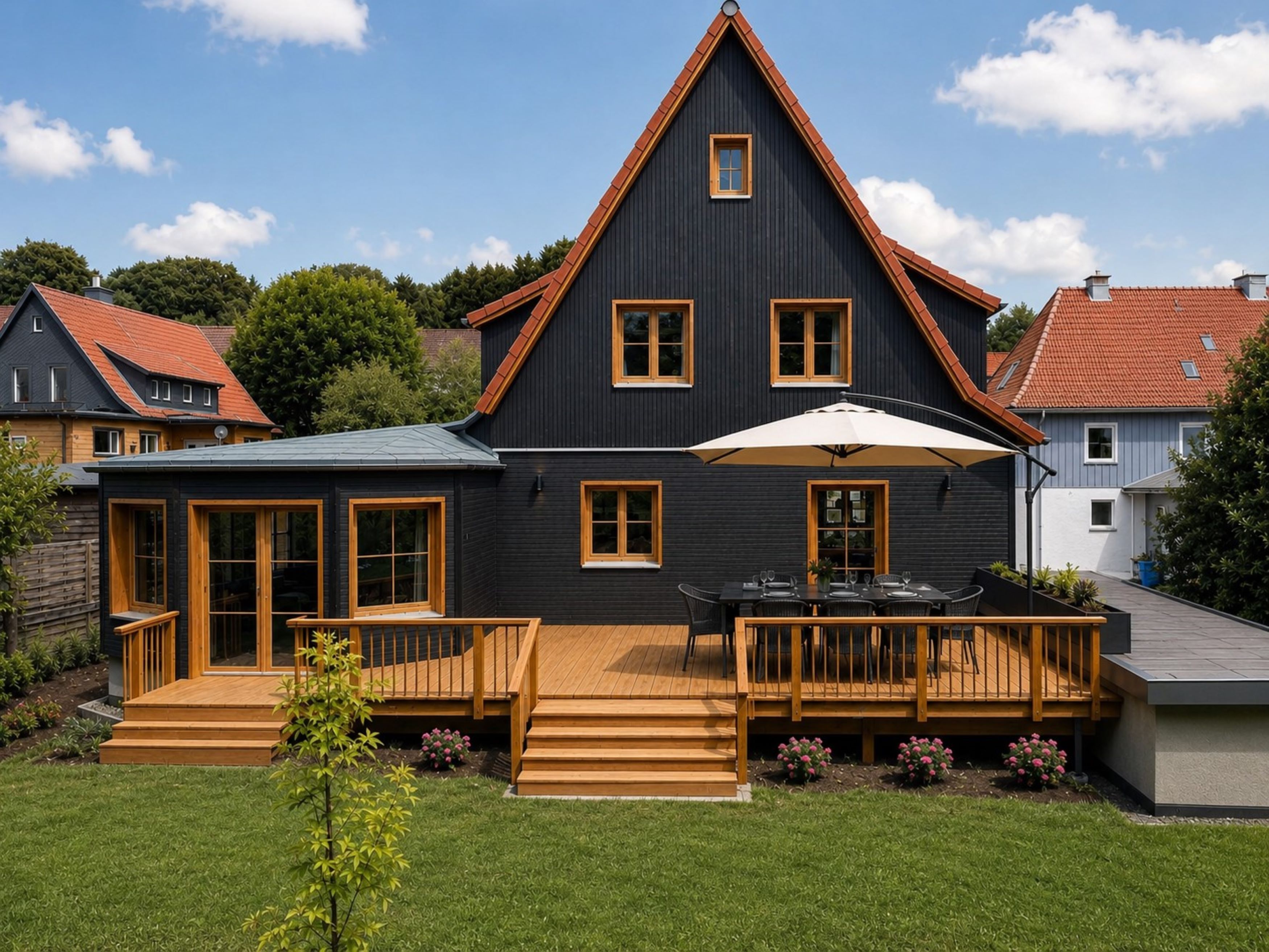 Ein zweistöckiges Haus mit dunkler Fassade, einer Holzterrasse und einer Terrasse mit Gartenmöbeln.