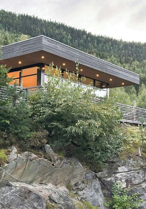 A modern building with a sloped roof, large windows, and a view of a forested hillside. - Architect drawn home with amazing view over Nisser (Treungen)