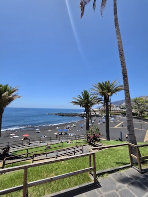 Uitzicht op een strand met palmbomen, een heldere lucht en een parkeerplaats.