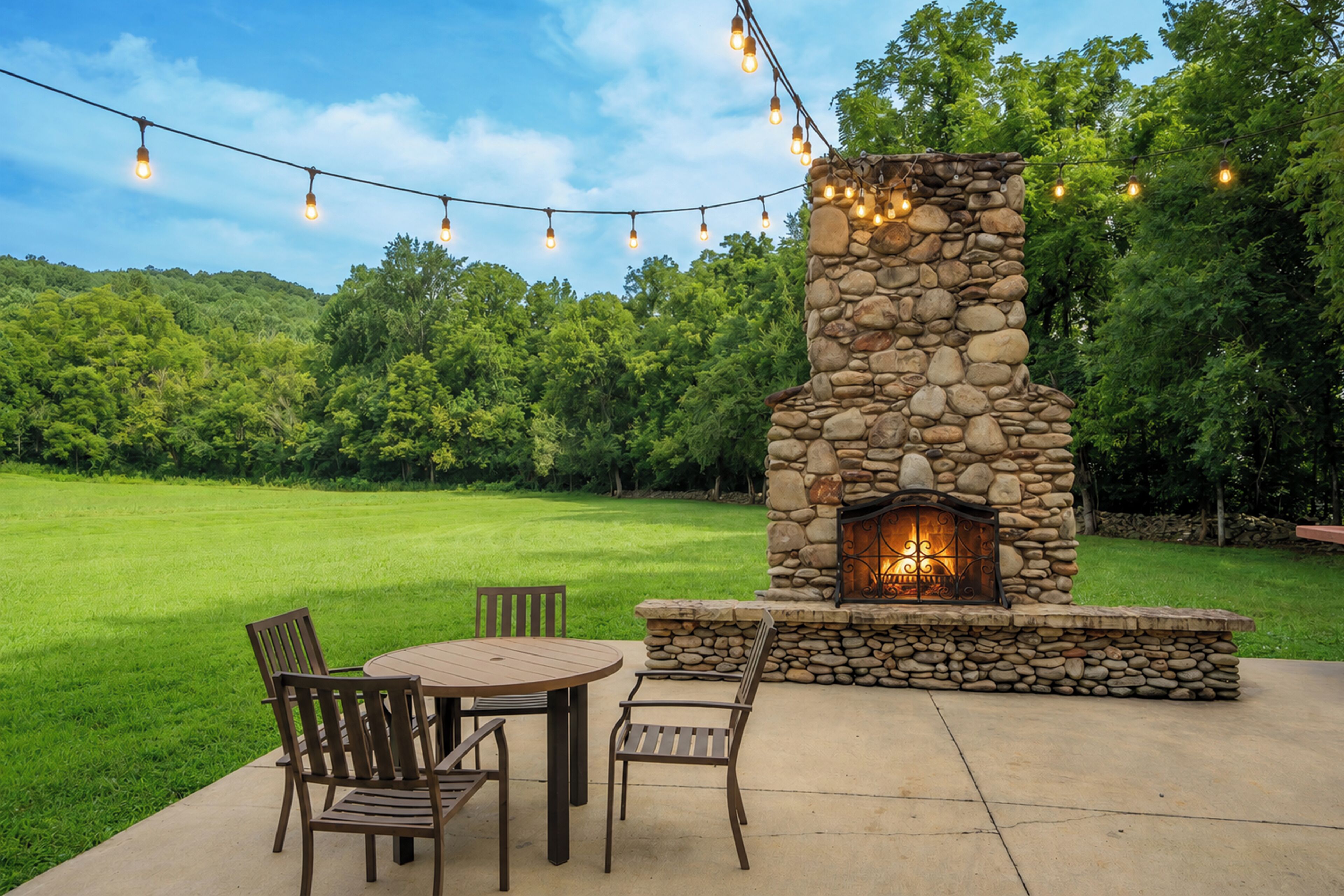 An outdoor patio with a stone fireplace, a round table, and two chairs.