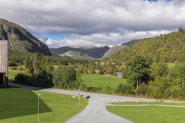 Eine Landstraße führt durch ein Tal mit Bergen im Hintergrund.