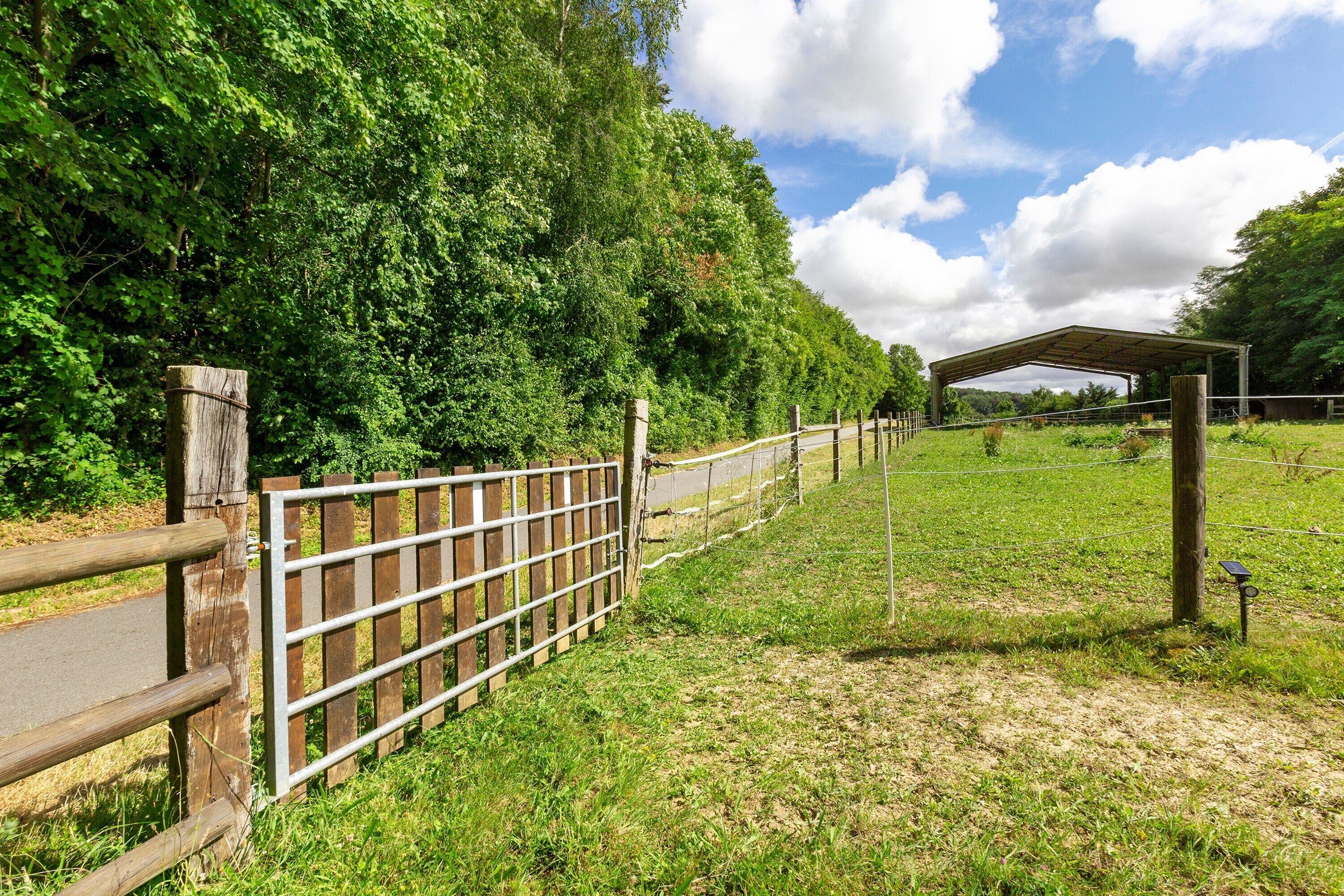 A fenced pathway leading to a covered area, surrounded by lush greenery and trees.