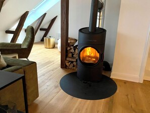 A modern living room with a wood-burning stove, a green chair, and a skylight. - "Hafenpanorama" vacation rental with a view of the Old Town and the harbor, located right in (Flensburg)