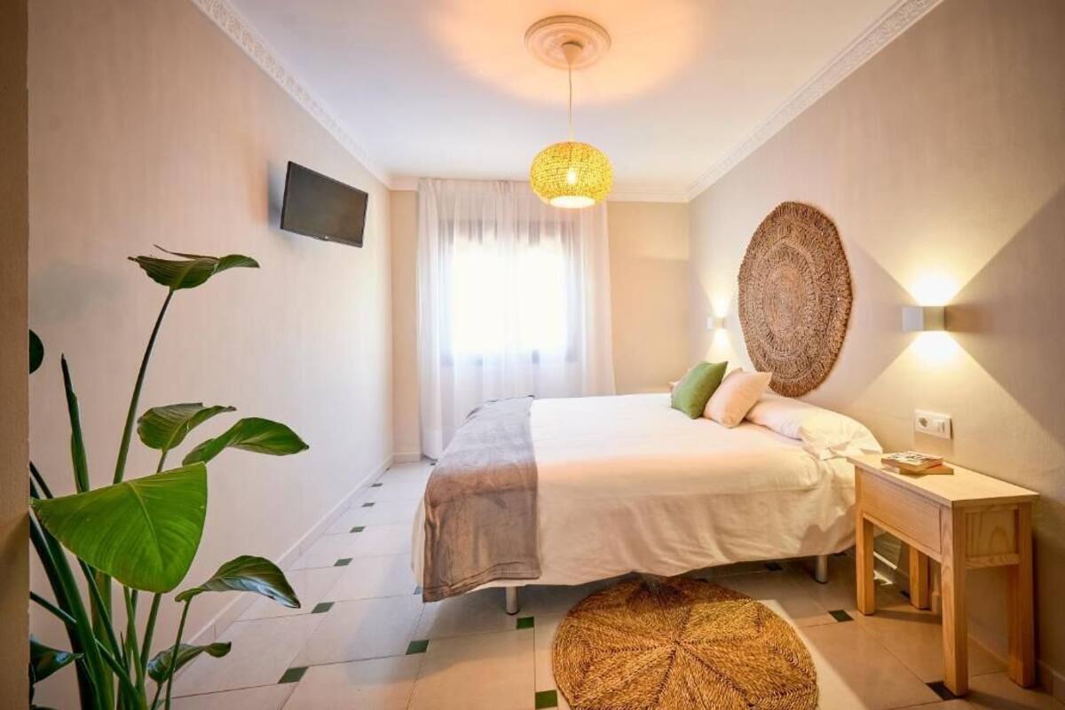 A bedroom with a bed, bedside table, lamp, and a large plant.