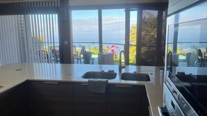 Een moderne keuken met een groot raam, twee spoelbakken en uitzicht op de omgeving.