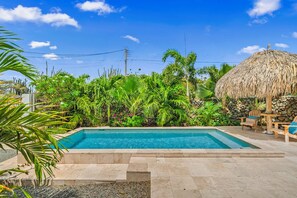 A swimming pool surrounded by tropical plants and a thatched-roof structure. - Picaron 19G - B (Santa Cruz)