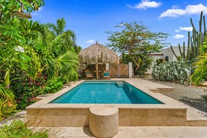 A swimming pool surrounded by tropical plants, a thatched-roof structure, and cacti. - Picaron 19G - B (Santa Cruz)