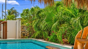 Piscina rodeada por vegetação tropical exuberante e uma parede de pedra.