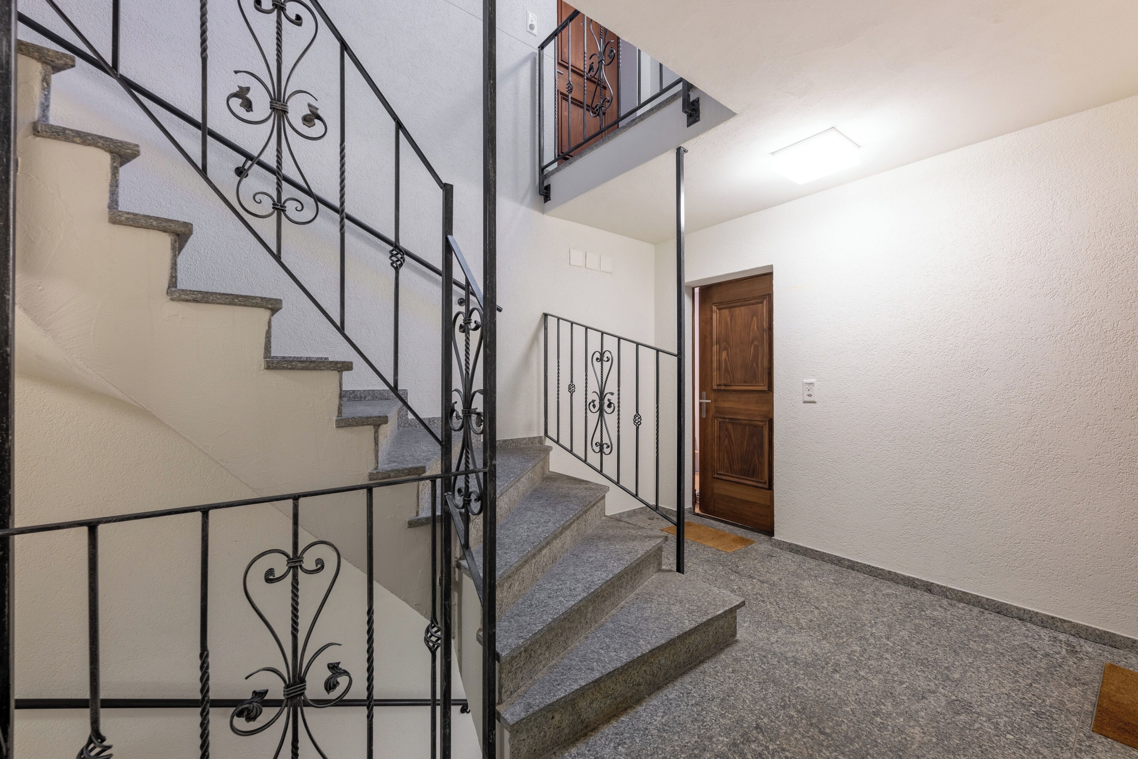 Un escalier avec des rampes en métal, une porte en bois et un plancher recouvert de moquette.