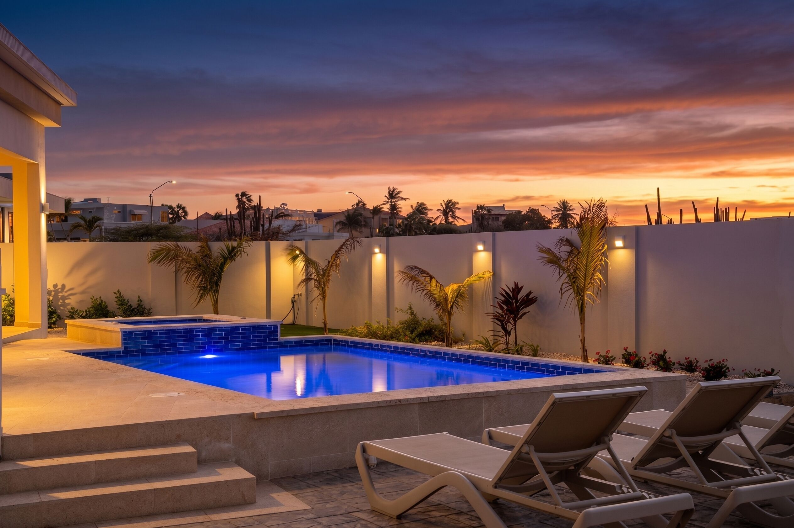 Una piscina con sillas de descanso, un jacuzzi y vistas al atardecer.