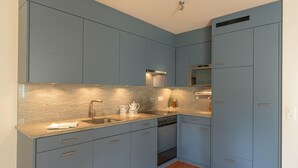 Eine moderne Küche mit blauen Schränken, einer Edelstahl-Dunstabzugshaube und einem eingebauten Backofen.
