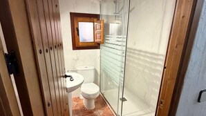 Een kleine badkamer met toilet, wastafel en douchecabine met glazen wanden.