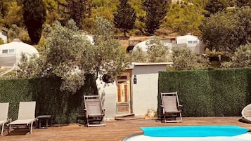 Seasonal outdoor pool, open 8:00 AM to 7:00 PM, pool umbrellas