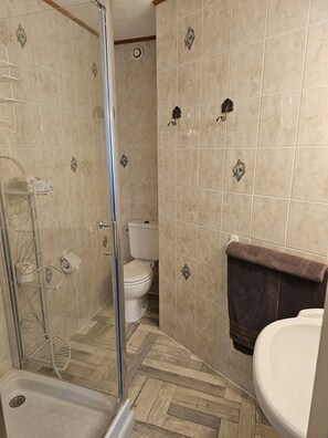 Un baño con ducha, inodoro y lavabo.
