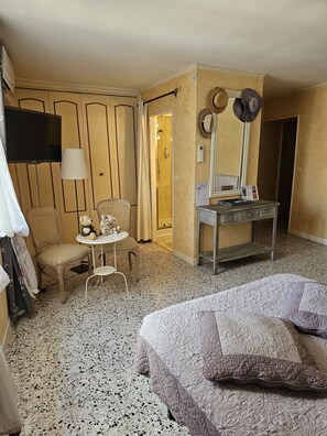 Habitación de hotel con cama, una pequeña mesa con sillas, televisor, espejo y zona de ducha.