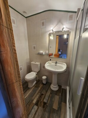 Un baño con inodoro, lavabo y espejo.