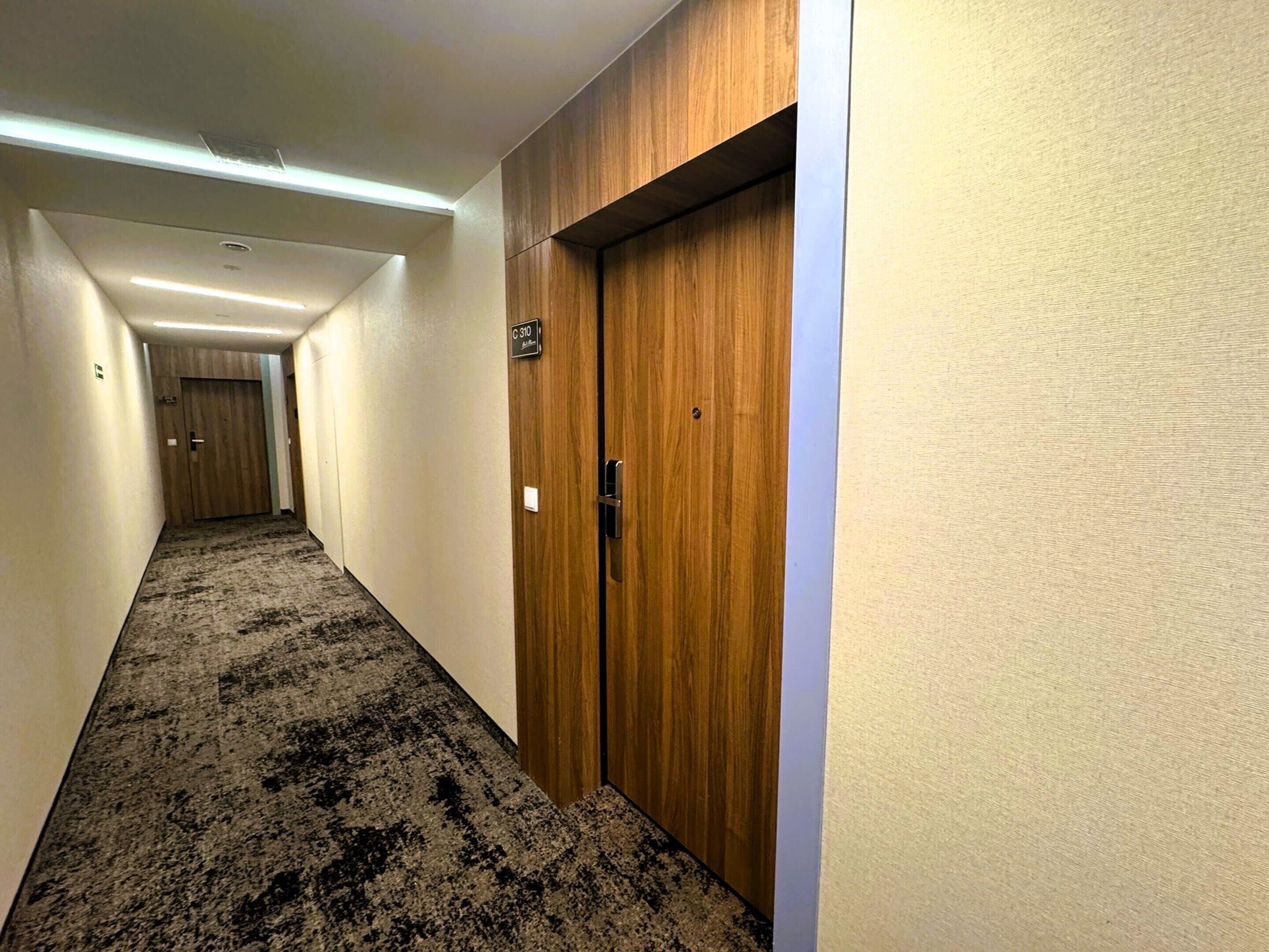 A hotel hallway with carpeted floors, wooden doors, and a sign indicating room number C310.