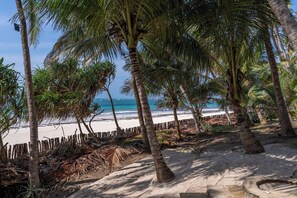 Ein Strand mit Palmen, einem Sandweg und einem Holzzaun.