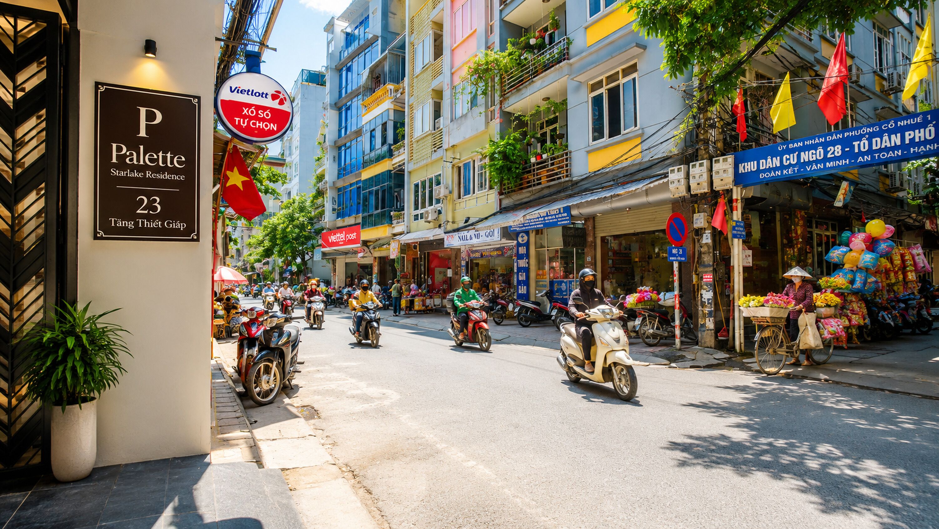 A street view with a building labeled 'Pallette Starlake Residence 23' and a sign for 'Vietlott'.