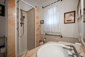 Shower, hair dryer, towels