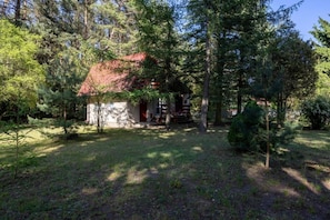 A small house with a red roof surrounded by trees.