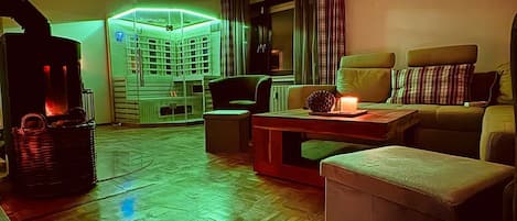 TV, fireplace, books