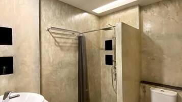 A modern bathroom with a vanity, a shower, and a toilet.