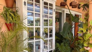 A window with multiple panes, surrounded by potted plants. - Real1b - Beautiful apt With Tropical Terrace (Marbella)