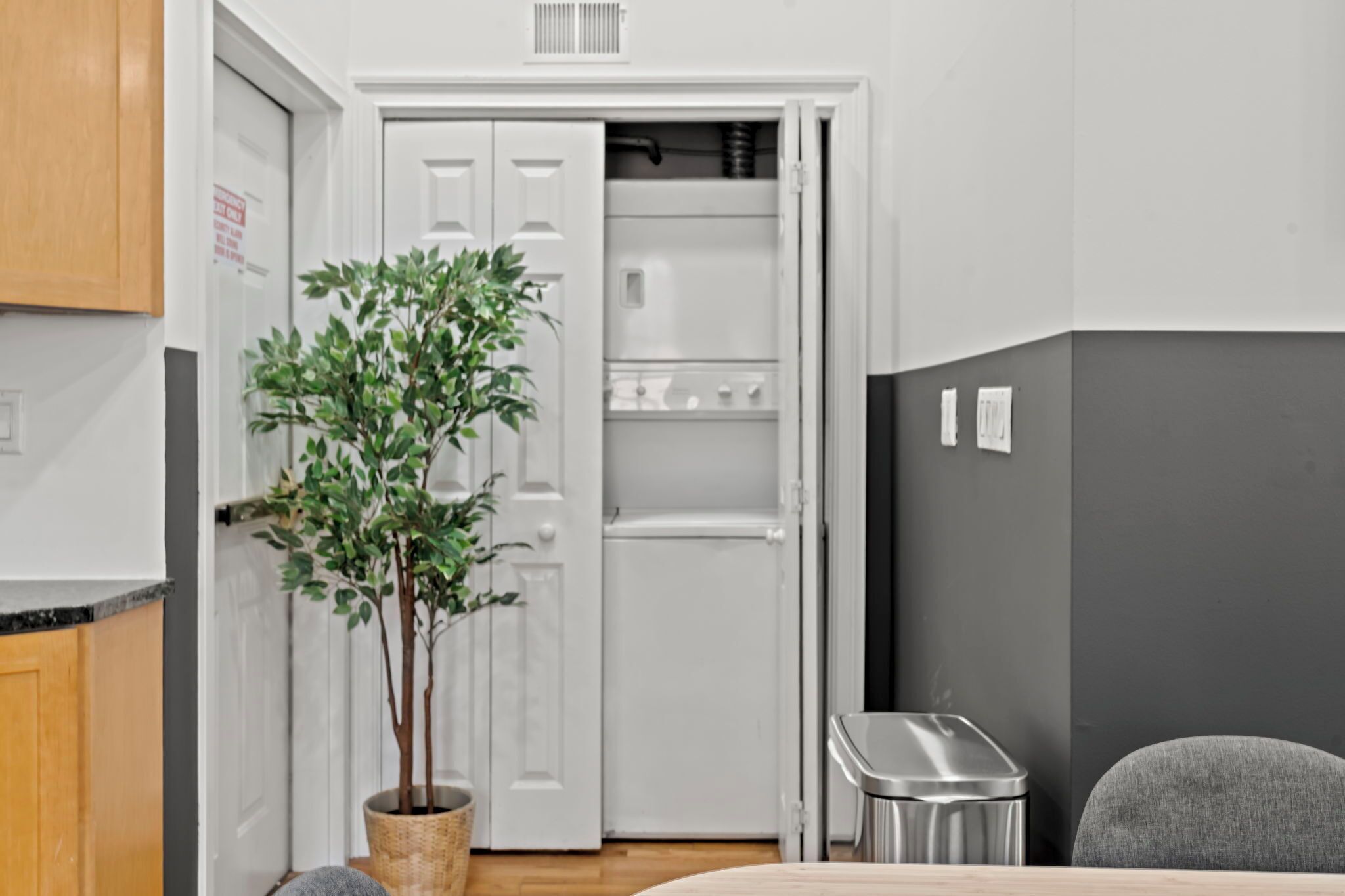 Une pièce avec une plante en pot, une porte blanche, une poubelle et une chaise grise.