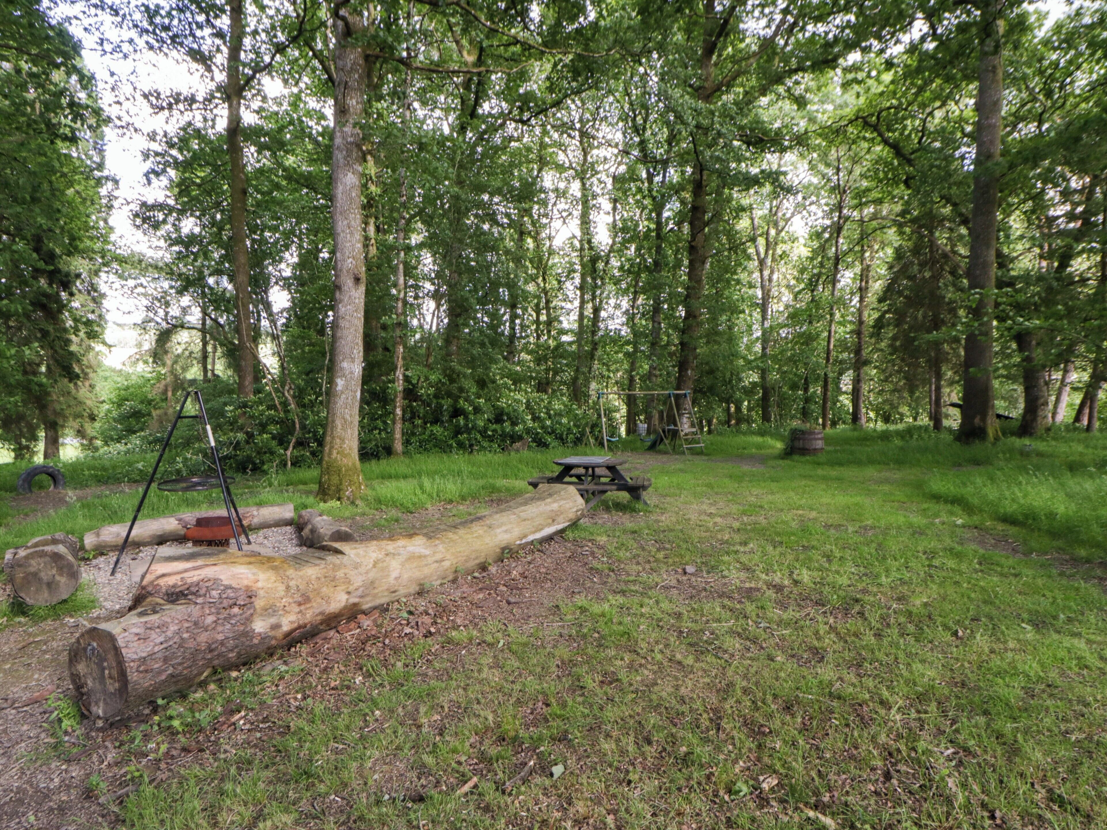 A picnic area with a table, benches, and a swing set in a wooded park.