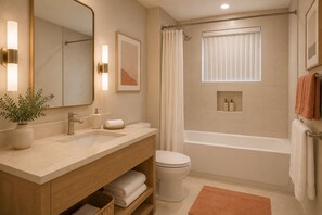 Une salle de bain équipée d’un lavabo, d’un miroir, d’un porte-serviettes, d’un rideau de douche et de toilettes.