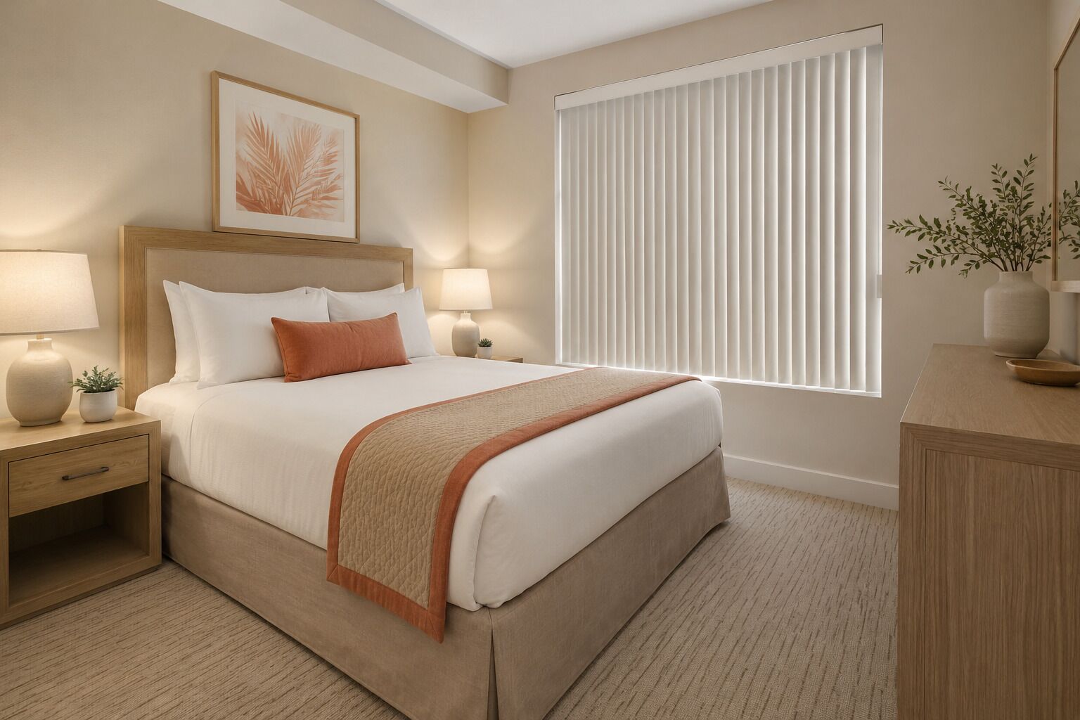 Une chambre d’hôtel avec un lit, des tables de chevet, une commode, une fenêtre avec des stores et une plante.