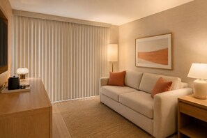 Une chambre d’hôtel avec un canapé, une lampe, un tableau encadré et une fenêtre avec des stores.