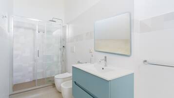 Shower, hair dryer, towels