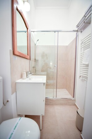 Habitación doble estándar | Baño | Regadera, secadora de cabello, pantuflas, toallas 