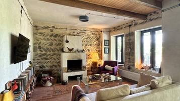 Un salon rustique avec un mur en pierre, une cheminée, un téléviseur et un canapé.