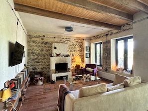 A rustic living room with a stone wall, a fireplace, a television, and a sofa.