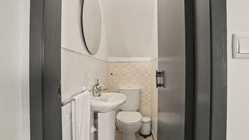 Un baño con inodoro, lavamanos y espejo.