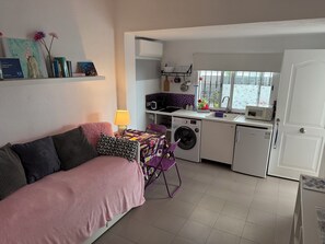 A compact living space with a sofa, a washing machine, a small kitchen with a sink, and a window.