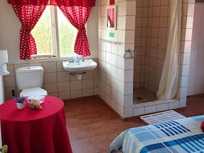 Een badkamer met toilet, wastafel, douche en een klein tafeltje met spullen erop.
