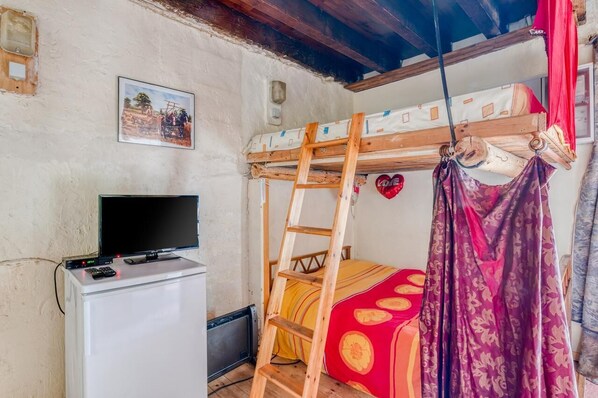Un lit superposé avec une échelle, un téléviseur posé sur un meuble blanc et un tableau encadré accroché au mur.